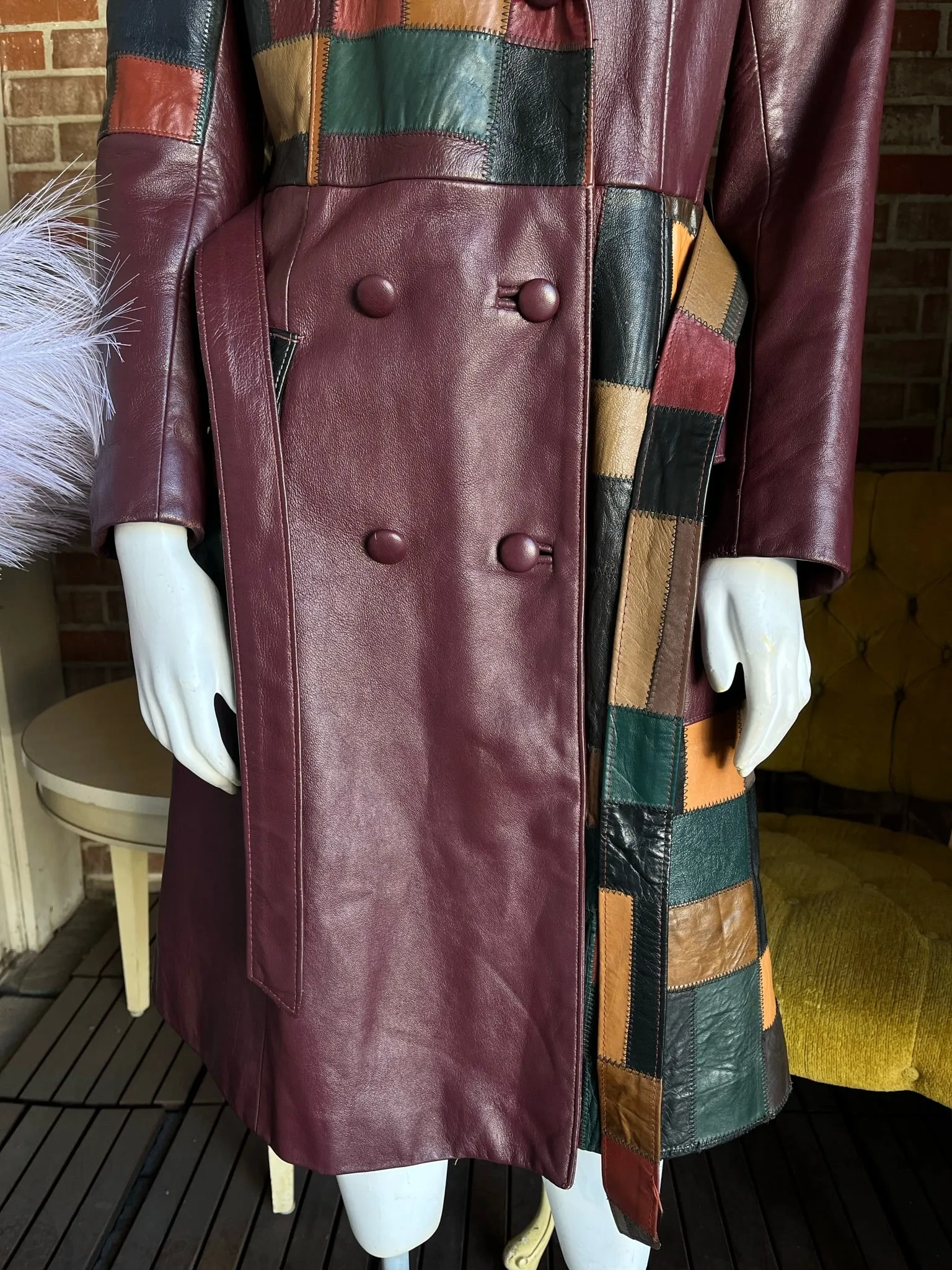 1970s Burgundy Ox Blood Patchwork Leather Trench