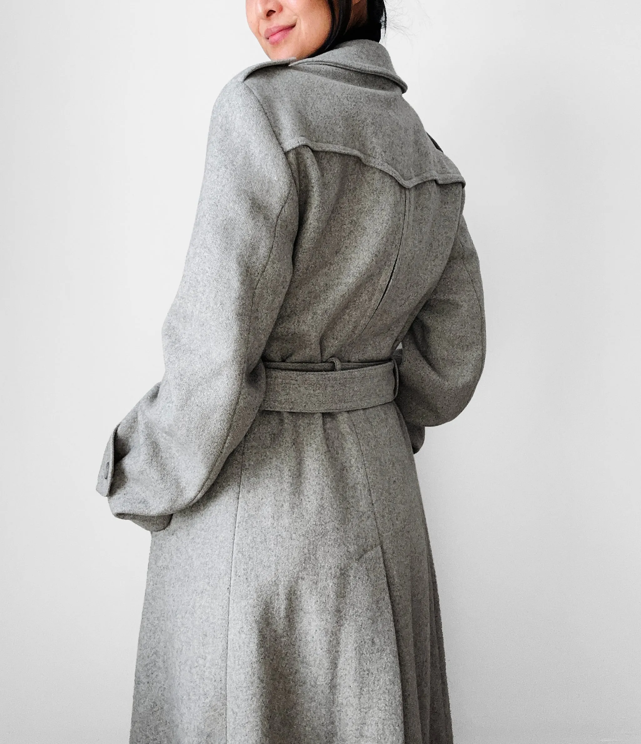 1980s Grey Belted Double-Breasted Wool Trench Coat - Sz. S/M