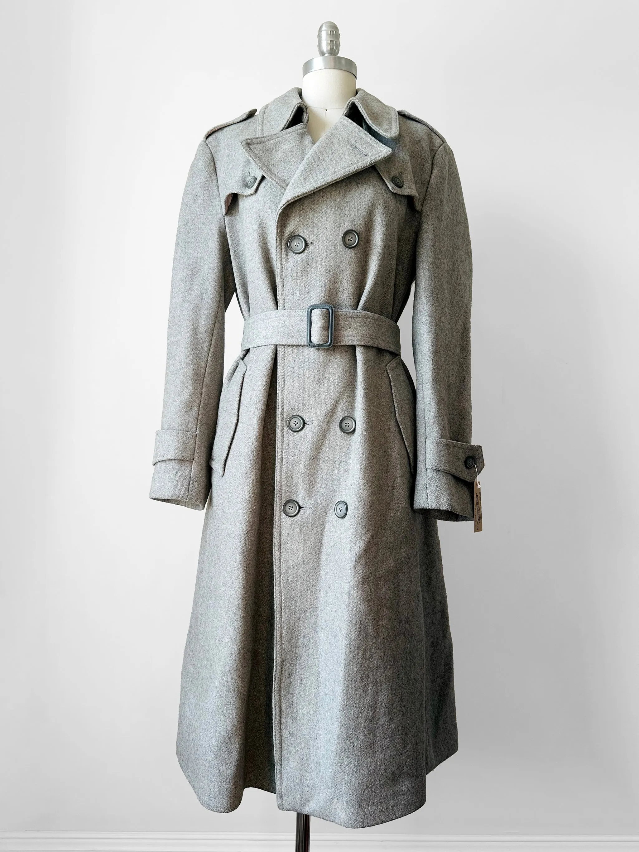 1980s Grey Belted Double-Breasted Wool Trench Coat - Sz. S/M