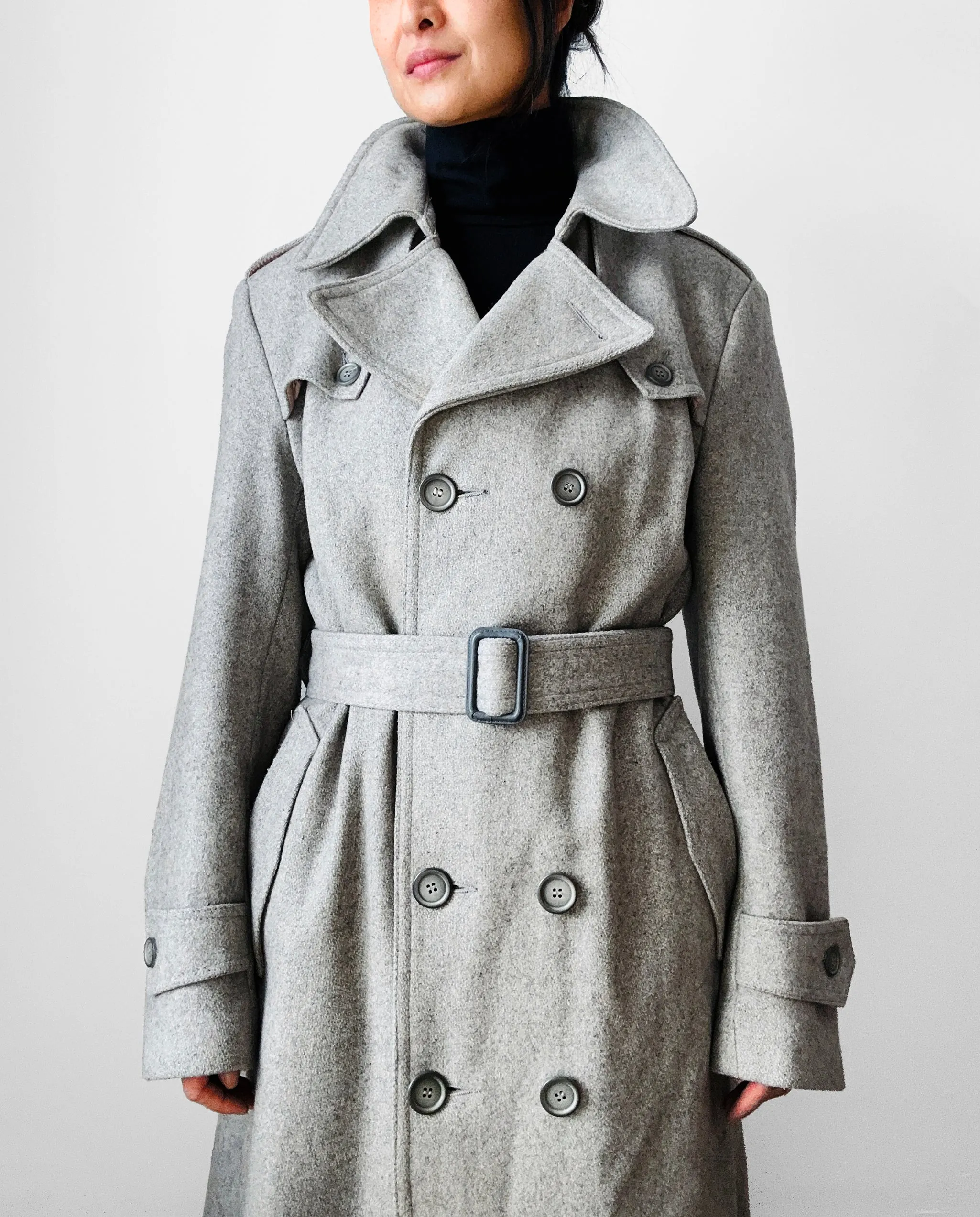 1980s Grey Belted Double-Breasted Wool Trench Coat - Sz. S/M