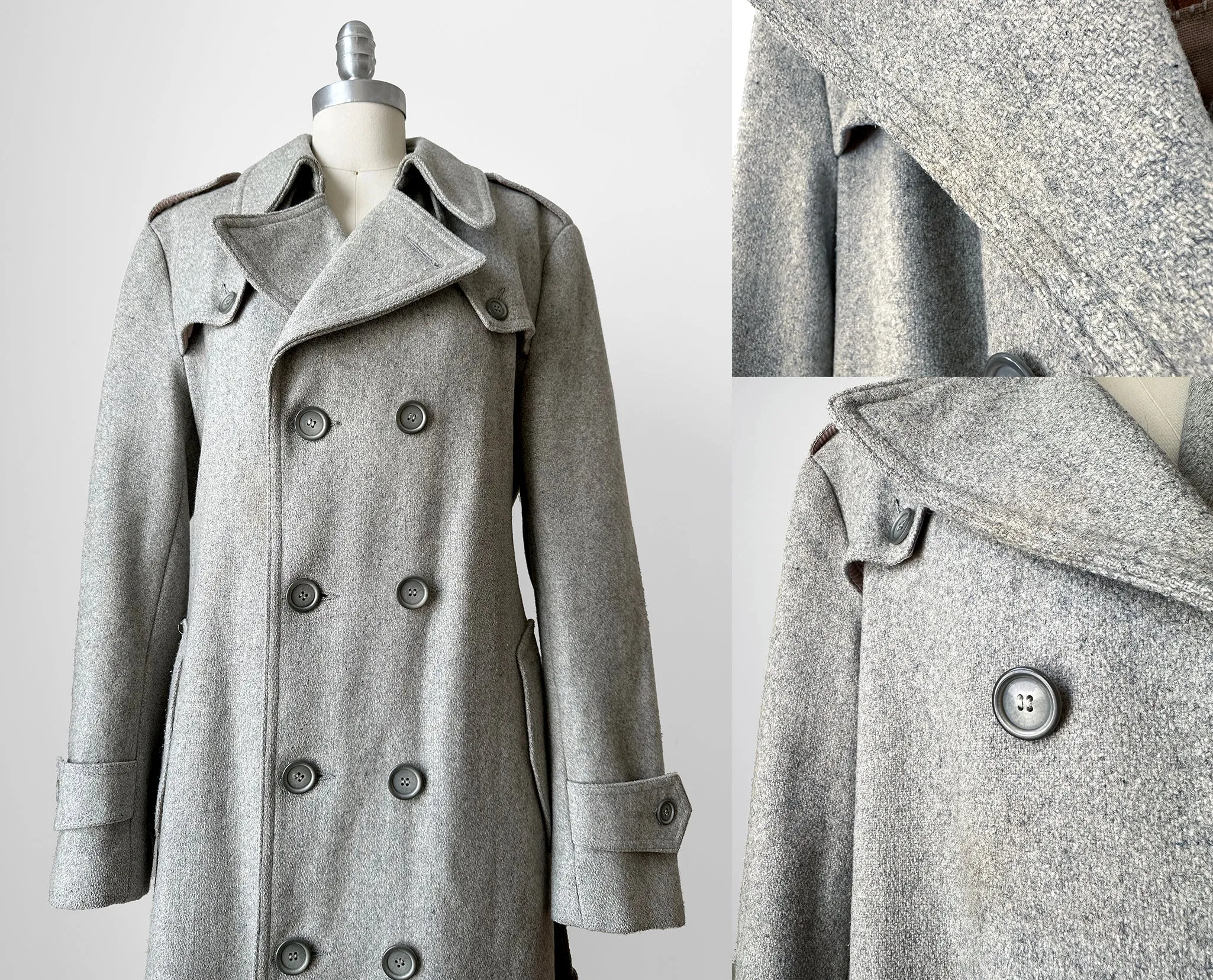 1980s Grey Belted Double-Breasted Wool Trench Coat - Sz. S/M