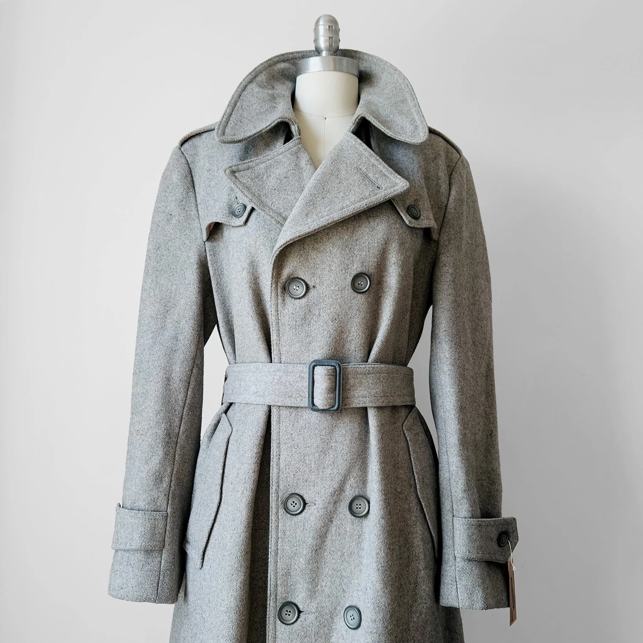 1980s Grey Belted Double-Breasted Wool Trench Coat - Sz. S/M