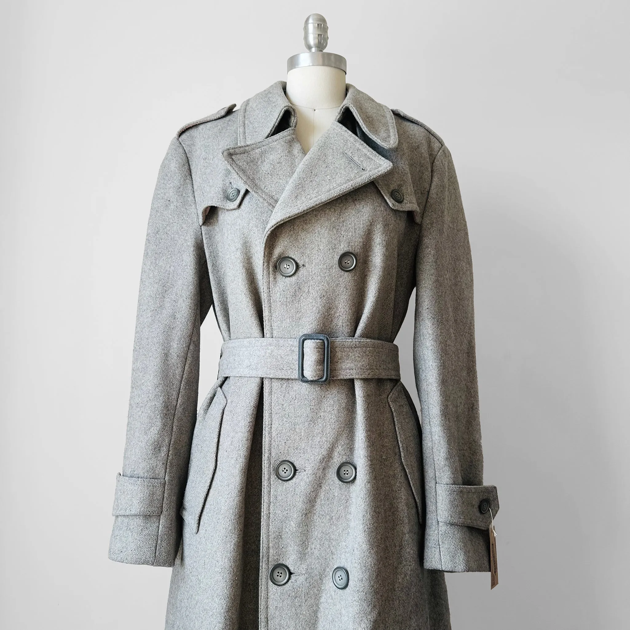 1980s Grey Belted Double-Breasted Wool Trench Coat - Sz. S/M