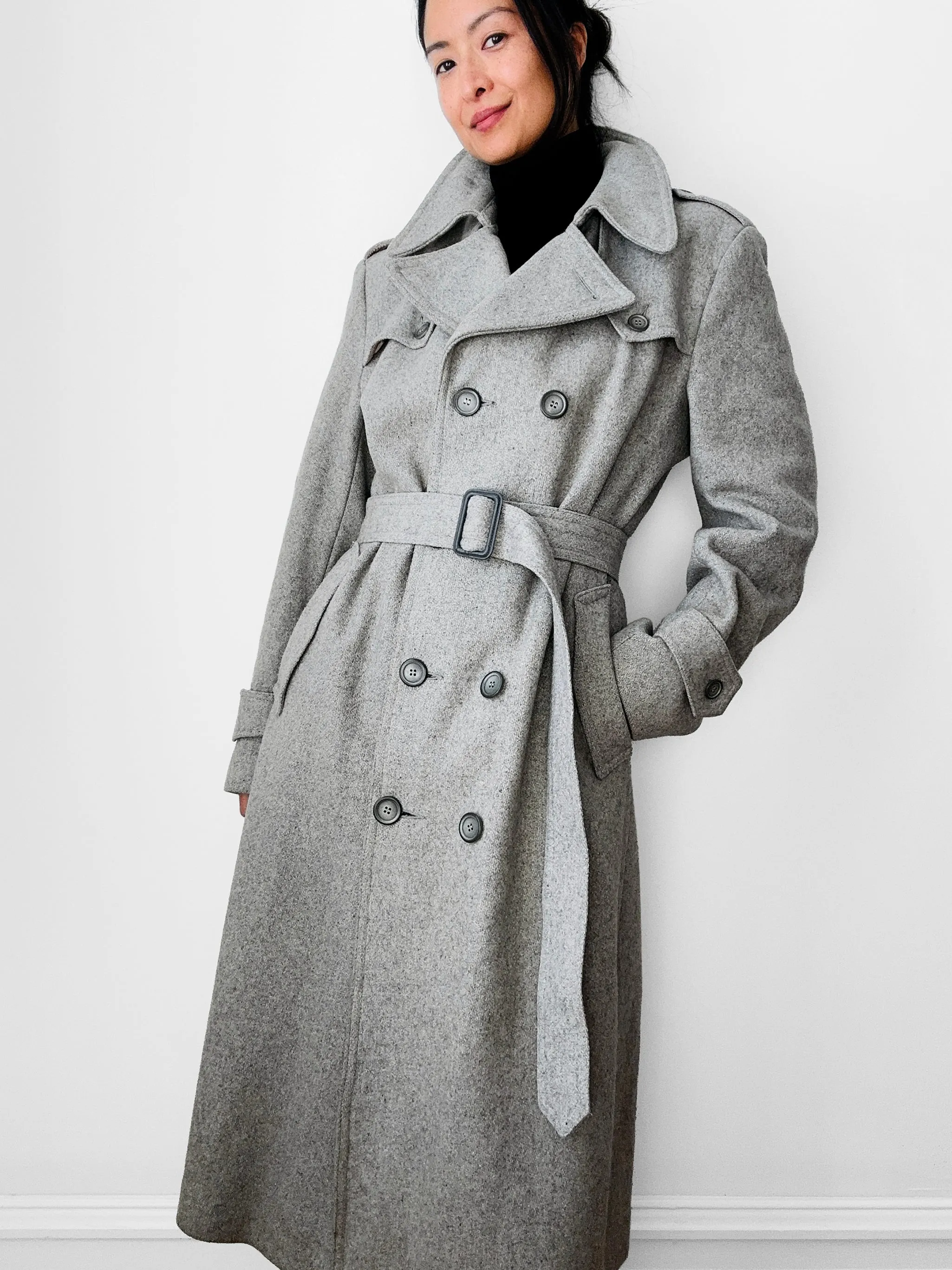 1980s Grey Belted Double-Breasted Wool Trench Coat - Sz. S/M