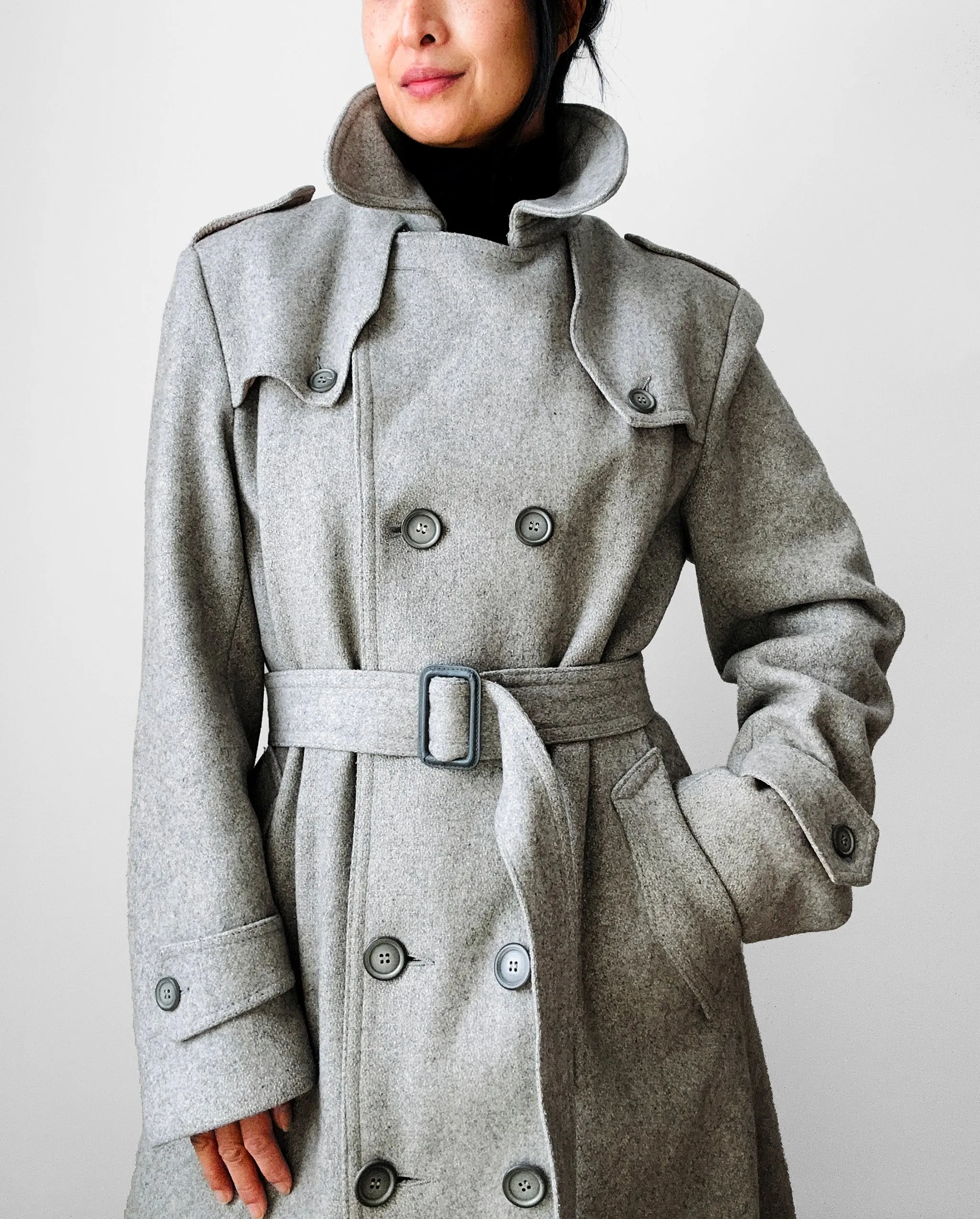 1980s Grey Belted Double-Breasted Wool Trench Coat - Sz. S/M