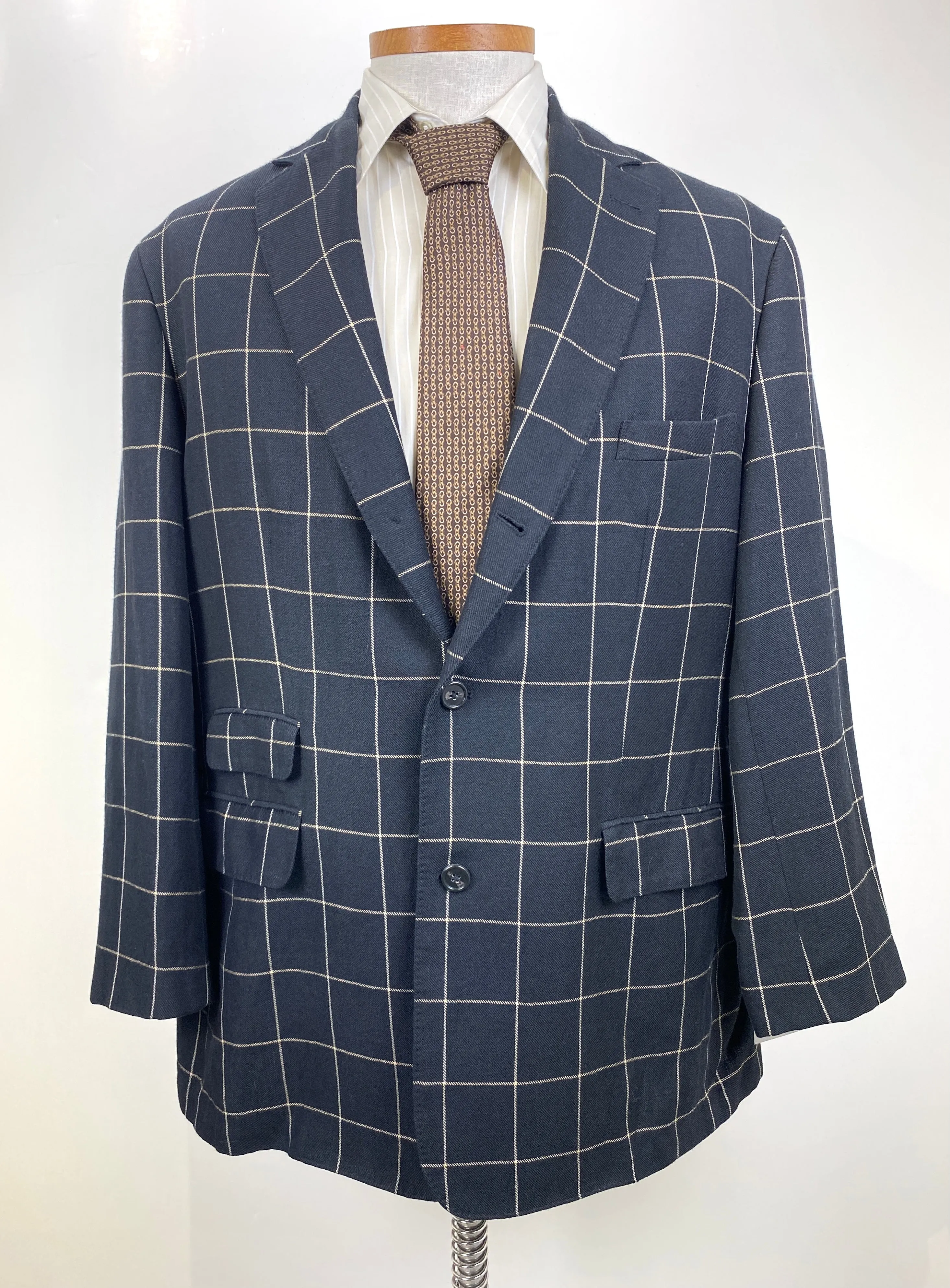 2000s Men's Black/ Beige Windowpane Blazer, Single-Breast Land's End Jacket, C44