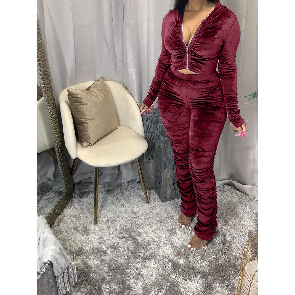 3XL Solid Color Pleated Velvet Tracksuit Long Sleeve Hoodie w/ Pants Plus Size Women