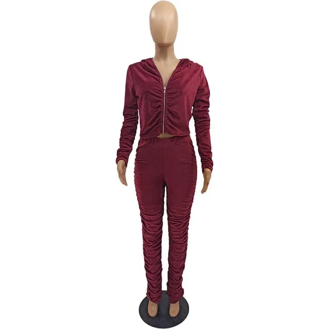 3XL Solid Color Pleated Velvet Tracksuit Long Sleeve Hoodie w/ Pants Plus Size Women