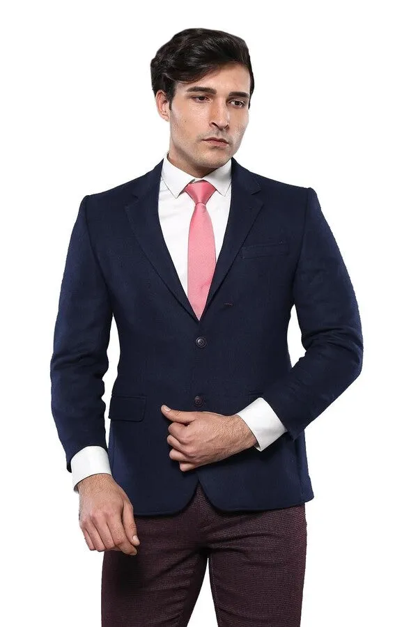 4 Drop Wool Navy Blue Men Blazer - Wessi