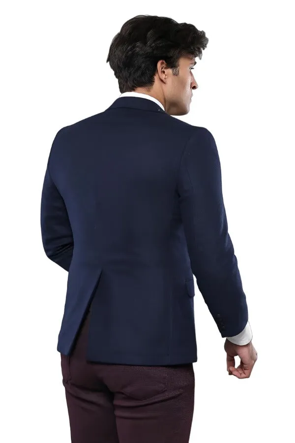 4 Drop Wool Navy Blue Men Blazer - Wessi