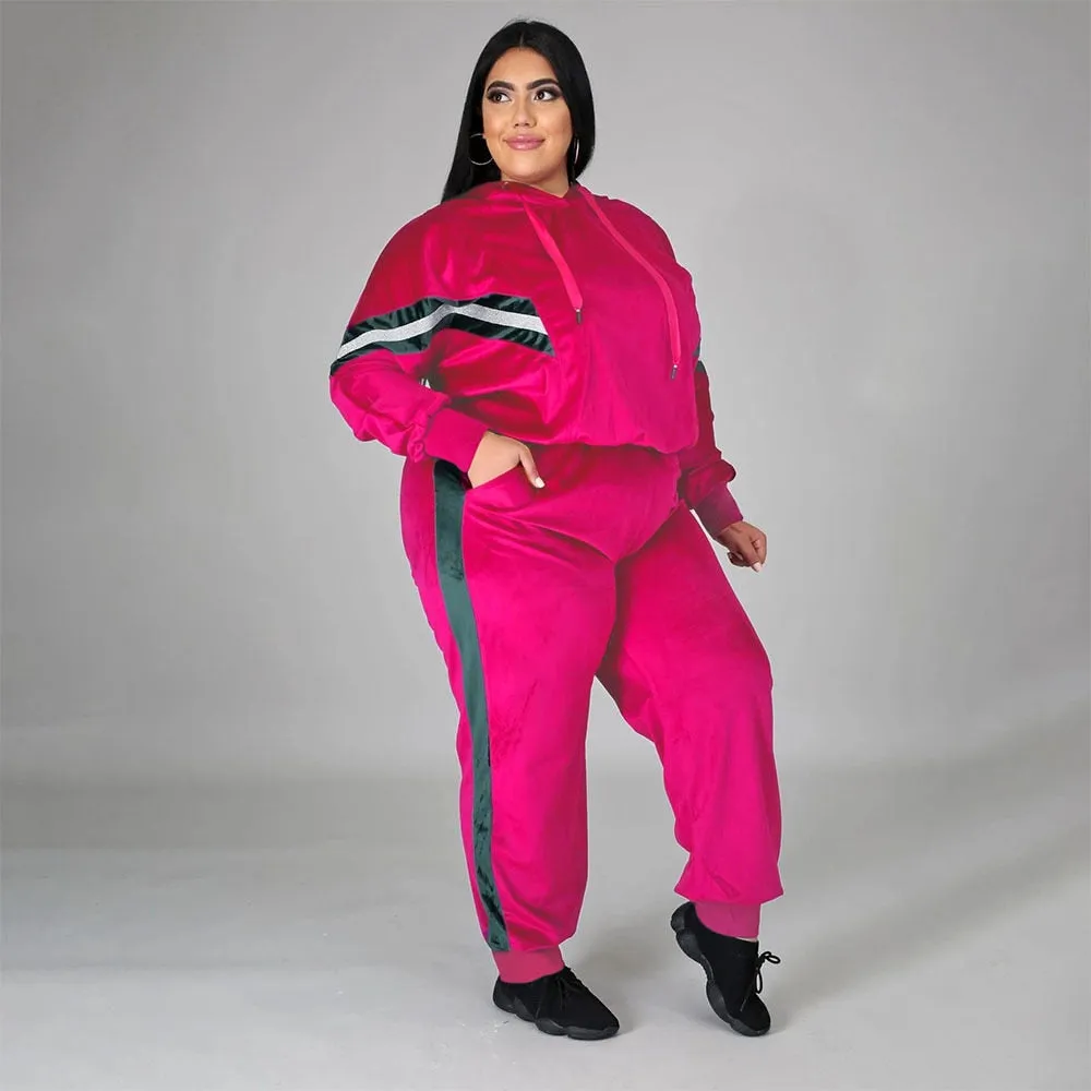 4XL 2 Piece Pink Velvet and Stripes Tracksuit Pullover Hoodie w/ Pants Plus Size Women