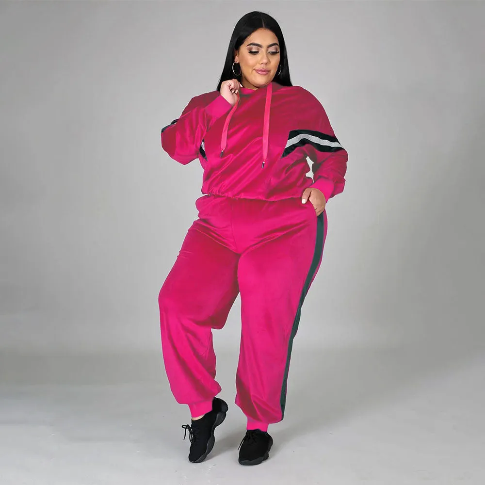 4XL 2 Piece Pink Velvet and Stripes Tracksuit Pullover Hoodie w/ Pants Plus Size Women