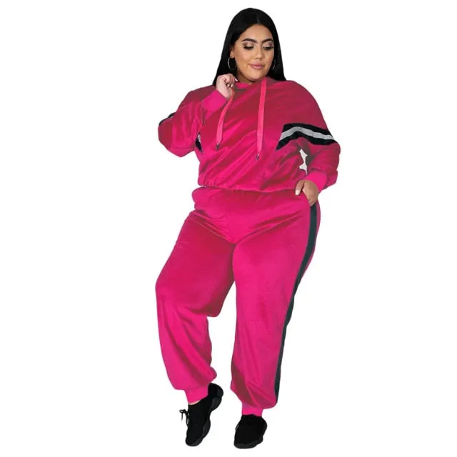 4XL 2 Piece Pink Velvet and Stripes Tracksuit Pullover Hoodie w/ Pants Plus Size Women