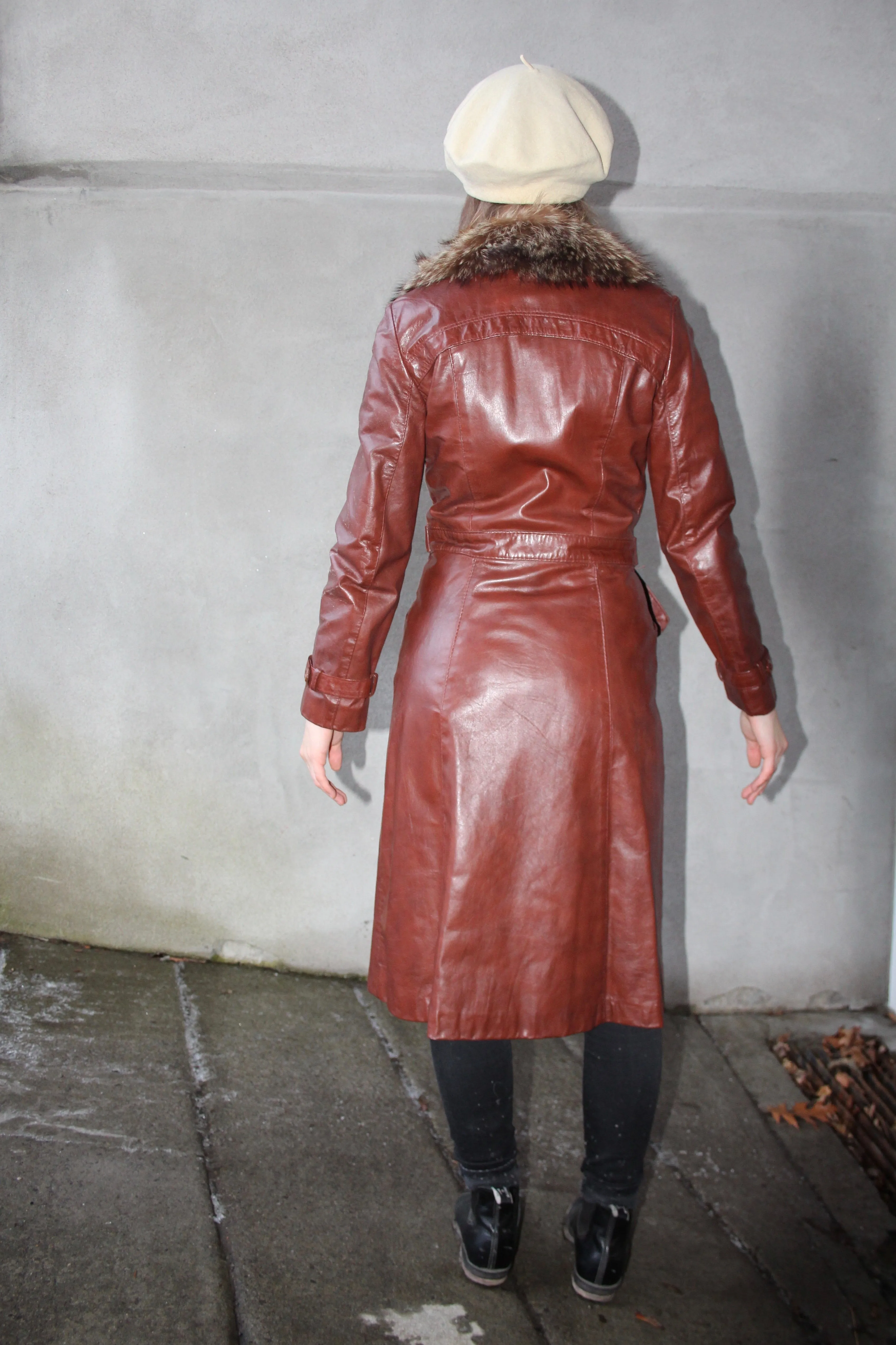 70s Belted Leather Trench w/ Fur Trim - XS