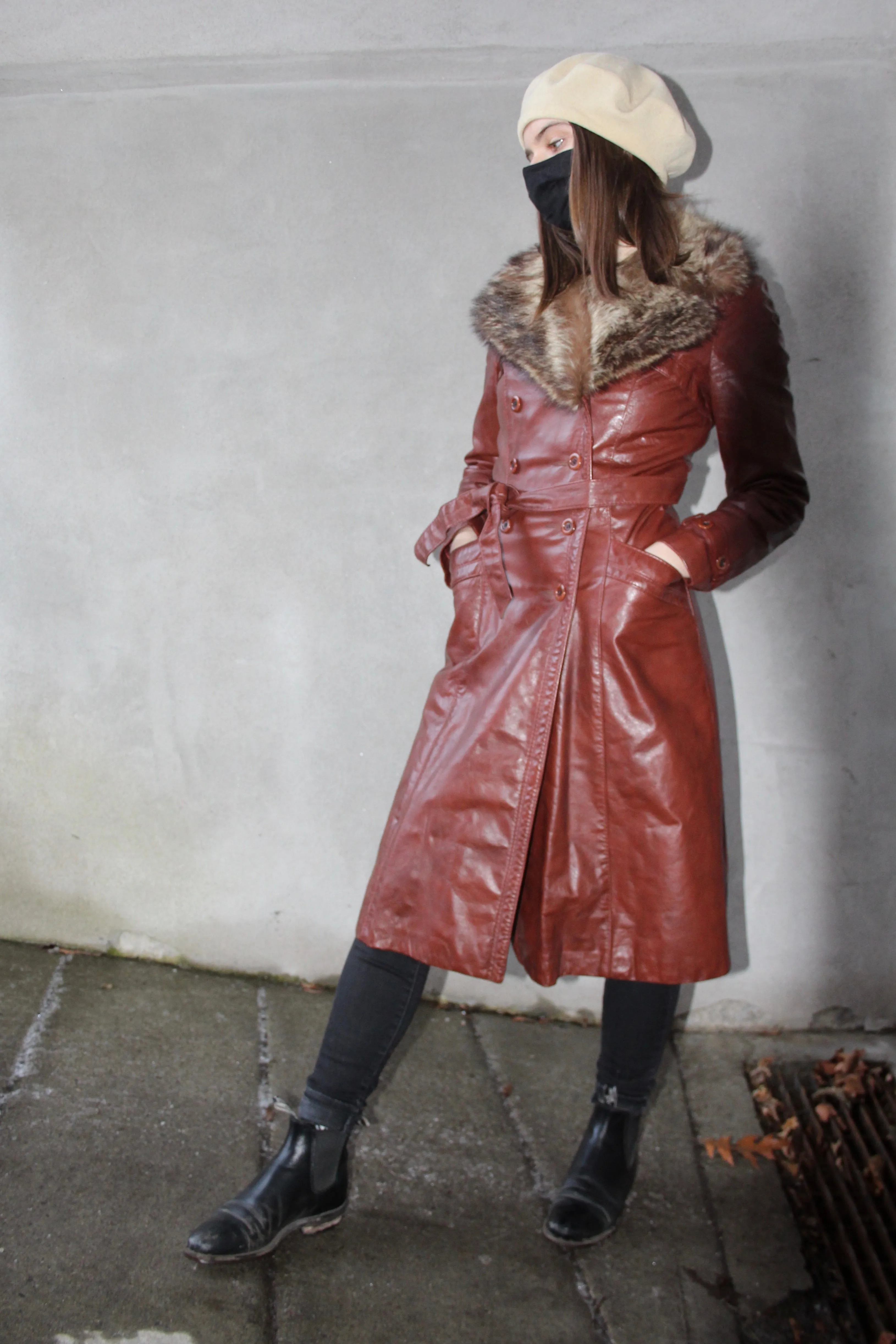 70s Belted Leather Trench w/ Fur Trim - XS