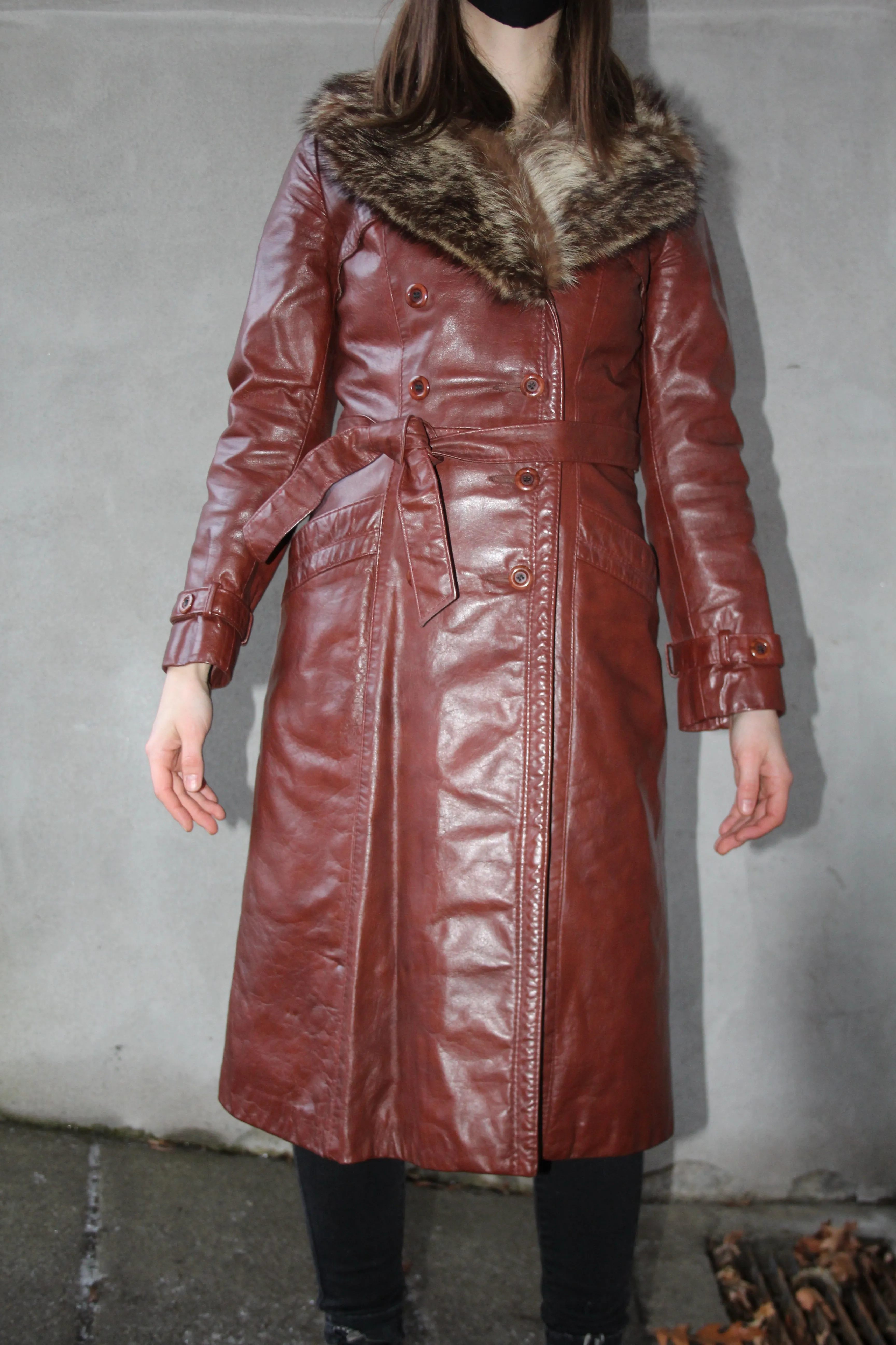 70s Belted Leather Trench w/ Fur Trim - XS