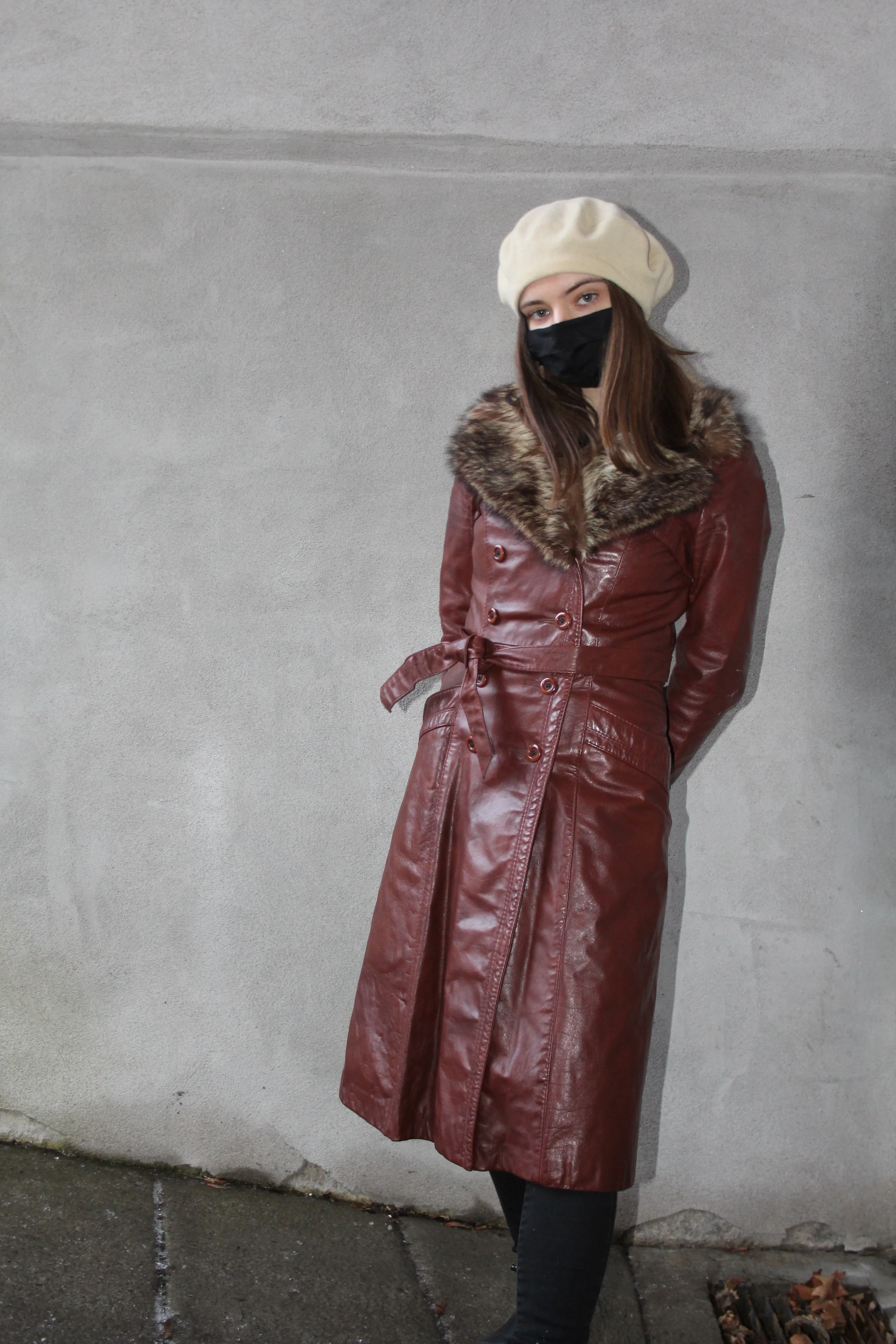 70s Belted Leather Trench w/ Fur Trim - XS