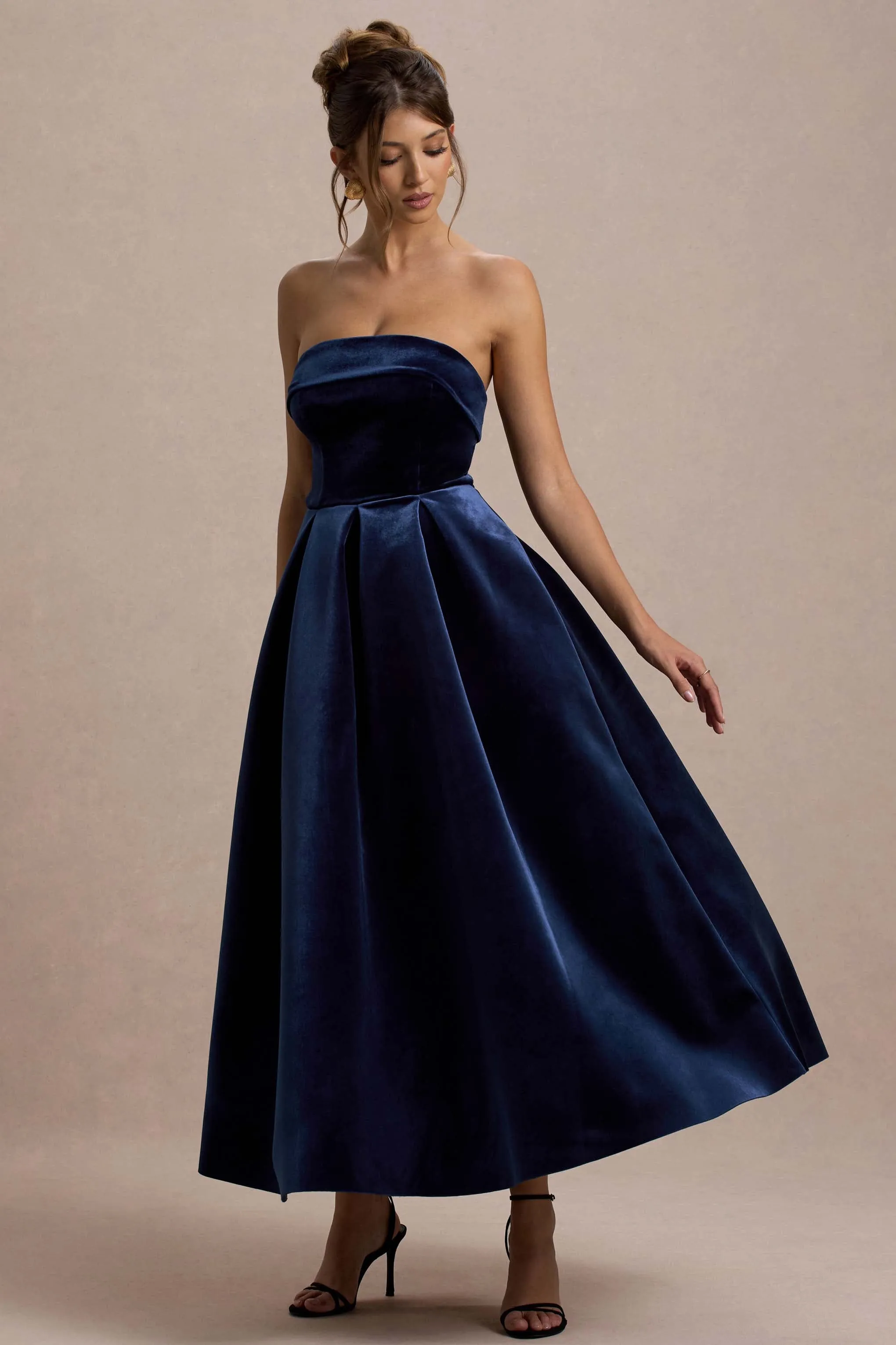 Addina | Navy Velvet Bandeau Skater Midi Dress