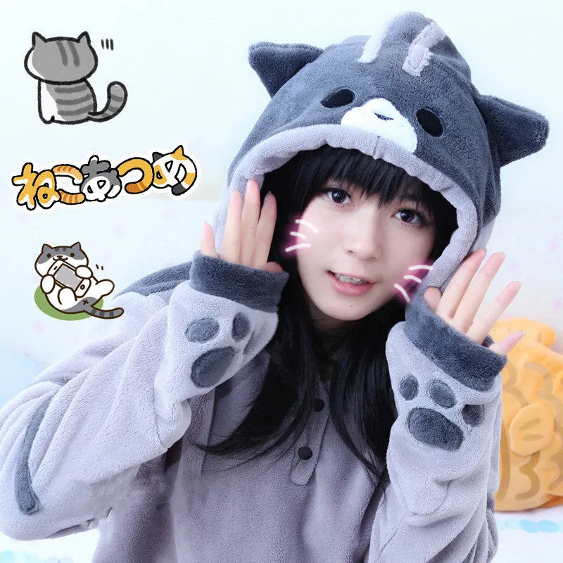 Adorable Cat-Themed Fleece Hoodie with Ears and Tail