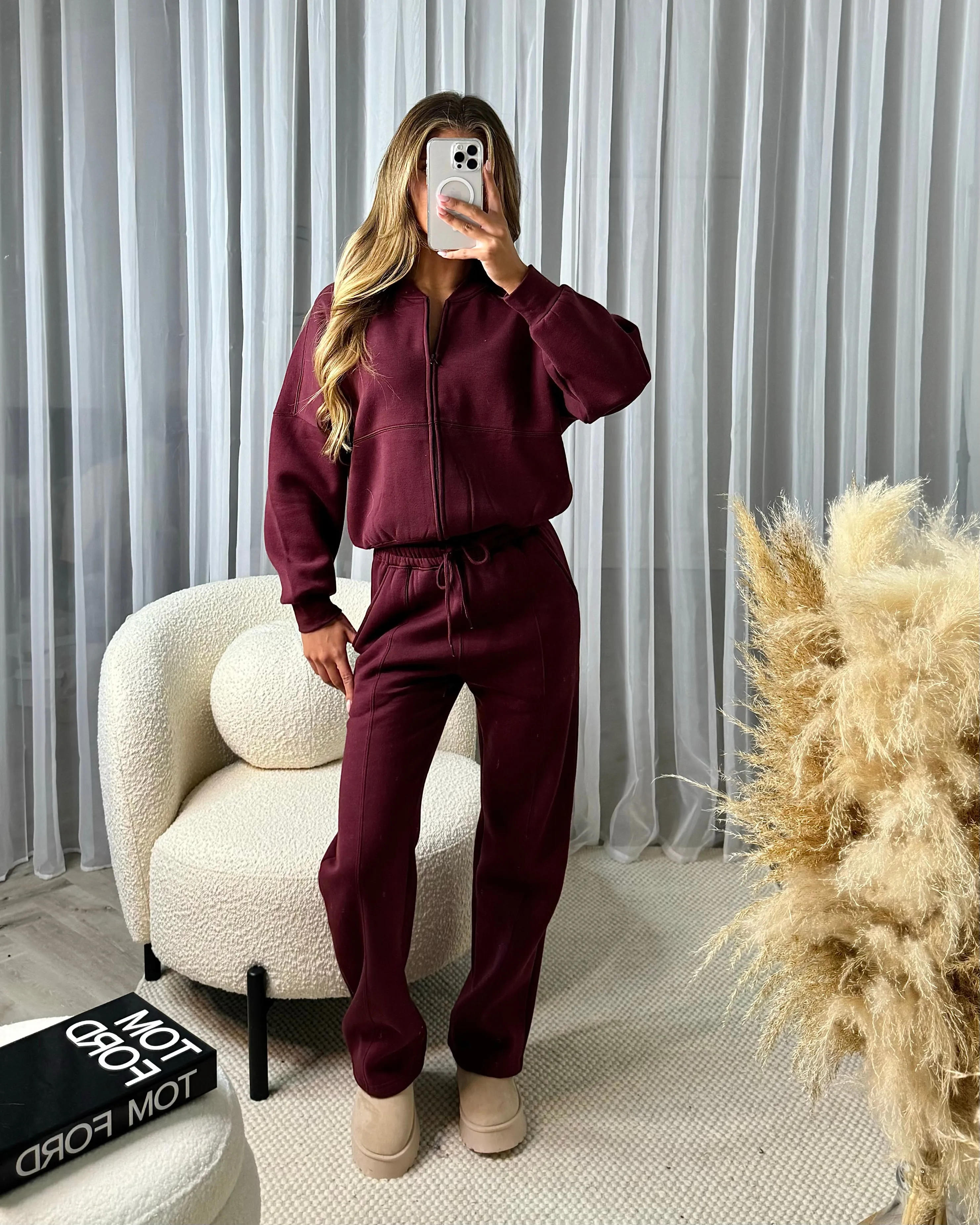 Amelia Bomber Zip Jacket & Straight Leg Joggers Set- Wine