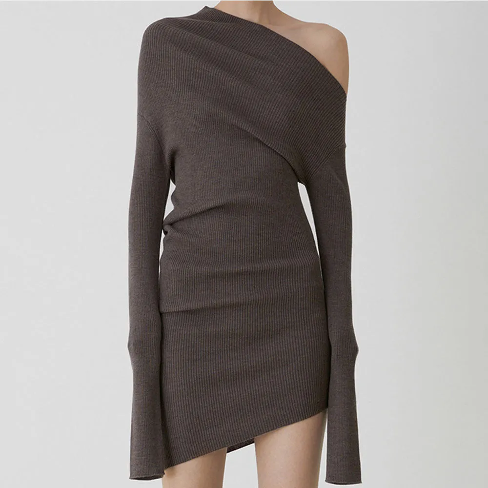 Asymmetrical Neck Long Sleeve Bodycon Ribbed Knit Sweater Mini Dress