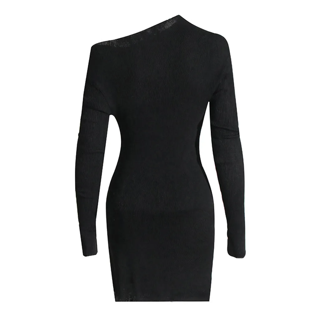 Asymmetrical Neck Long Sleeve Bodycon Ribbed Knit Sweater Mini Dress