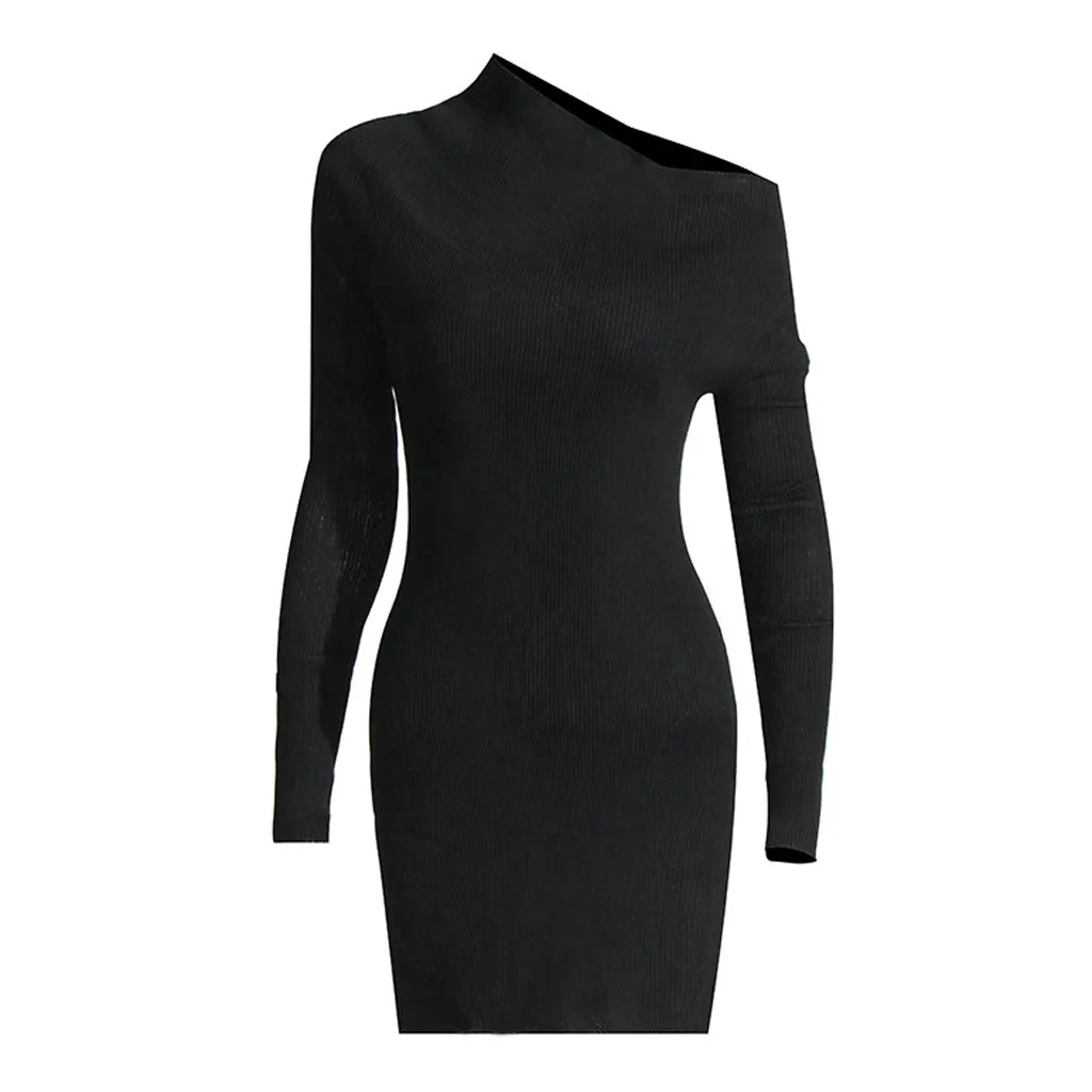 Asymmetrical Neck Long Sleeve Bodycon Ribbed Knit Sweater Mini Dress