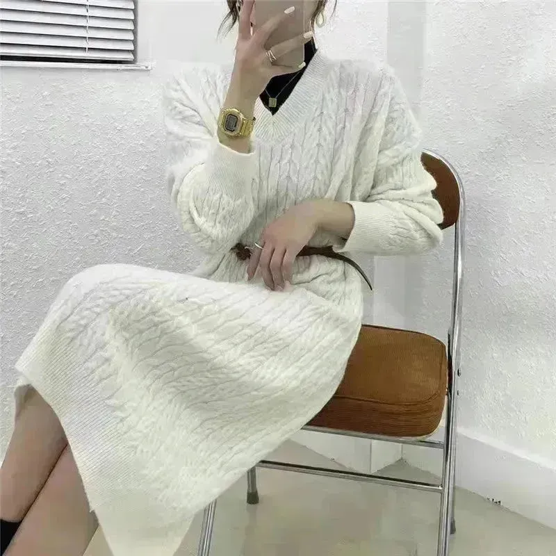 Autumn Winter Knitted V-neck Long Sweater Dress