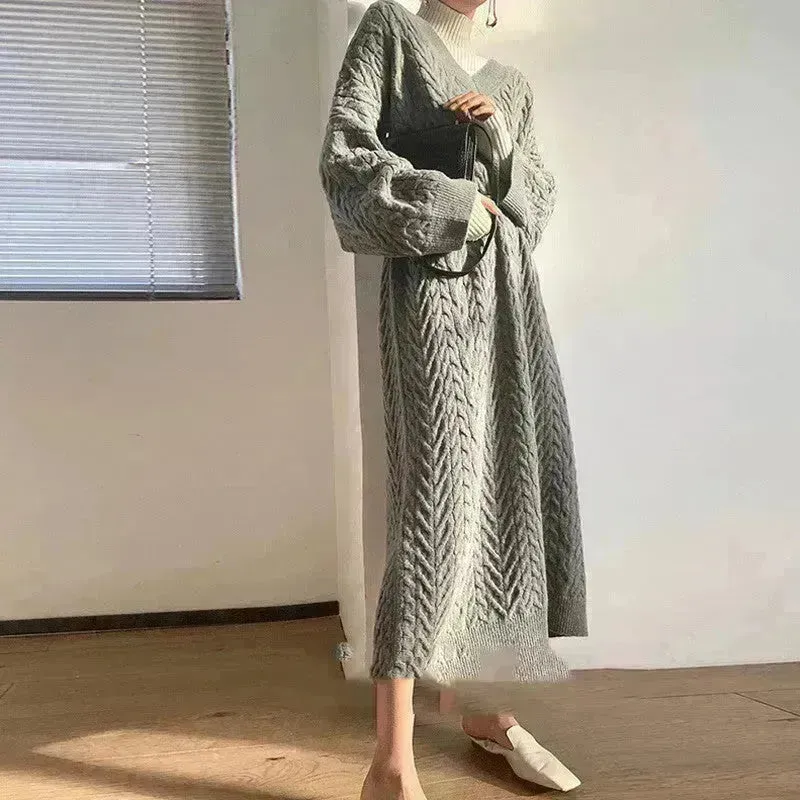 Autumn Winter Knitted V-neck Long Sweater Dress