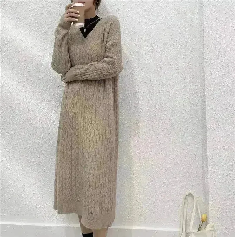 Autumn Winter Knitted V-neck Long Sweater Dress