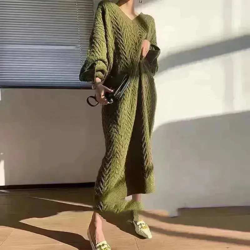 Autumn Winter Knitted V-neck Long Sweater Dress