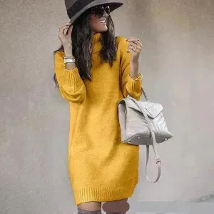 Autumn Winter Woolen Knitted Short Turtleneck Sweater Dress