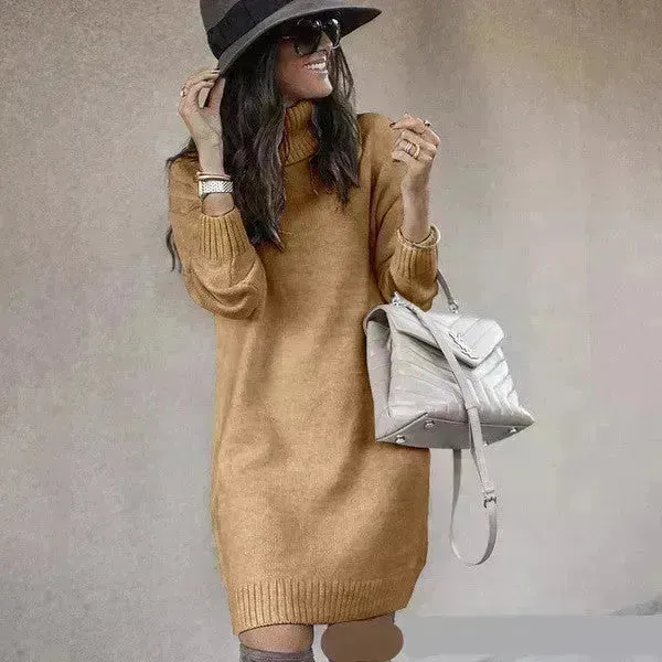 Autumn Winter Woolen Knitted Short Turtleneck Sweater Dress