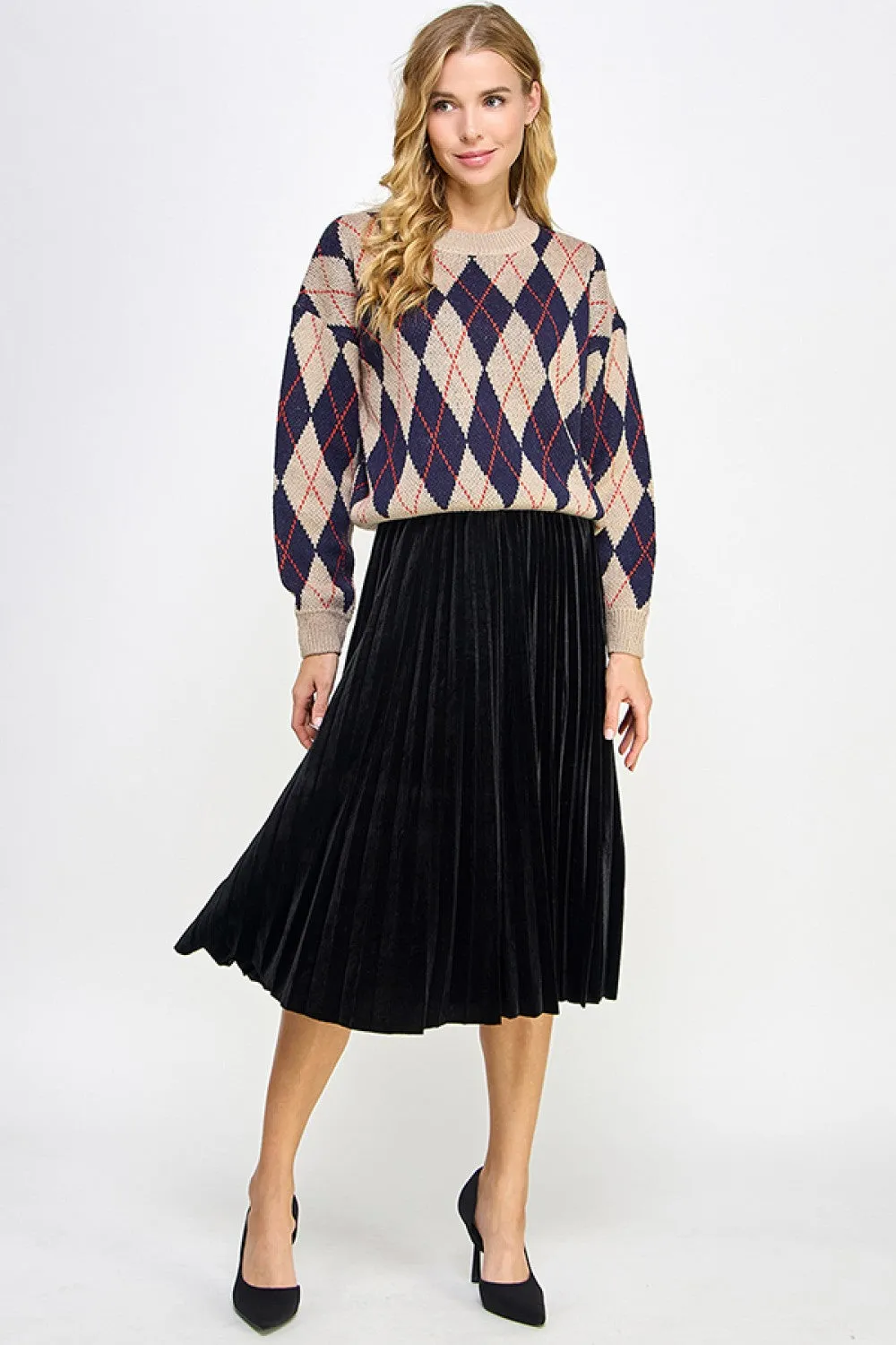 Black Velvet Pleated Midi Skirt