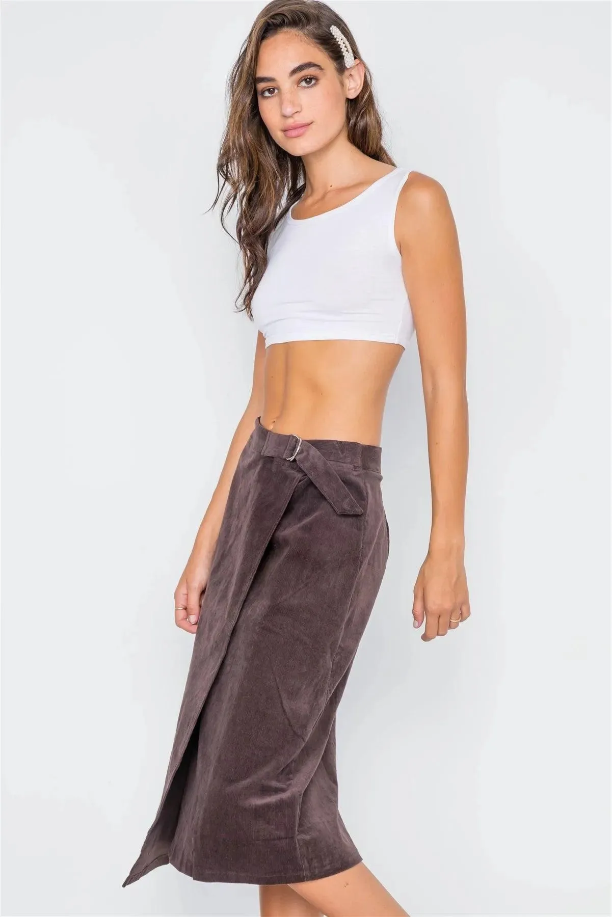 Brown Corduroy Asymmetrical Front Midi Skirt / 3-2-1