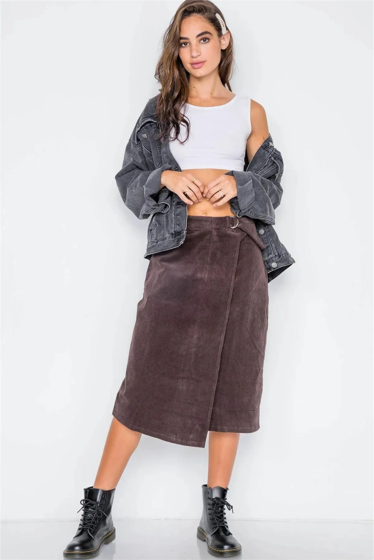 Brown Corduroy Asymmetrical Front Midi Skirt / 3-2-1