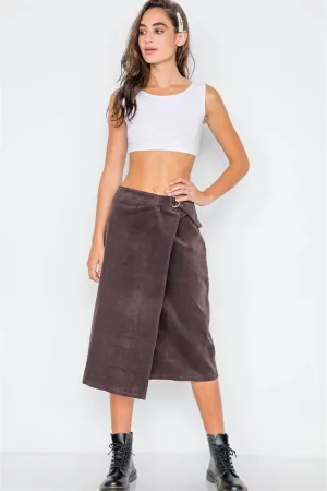 Brown Corduroy Asymmetrical Front Midi Skirt / 3-2-1