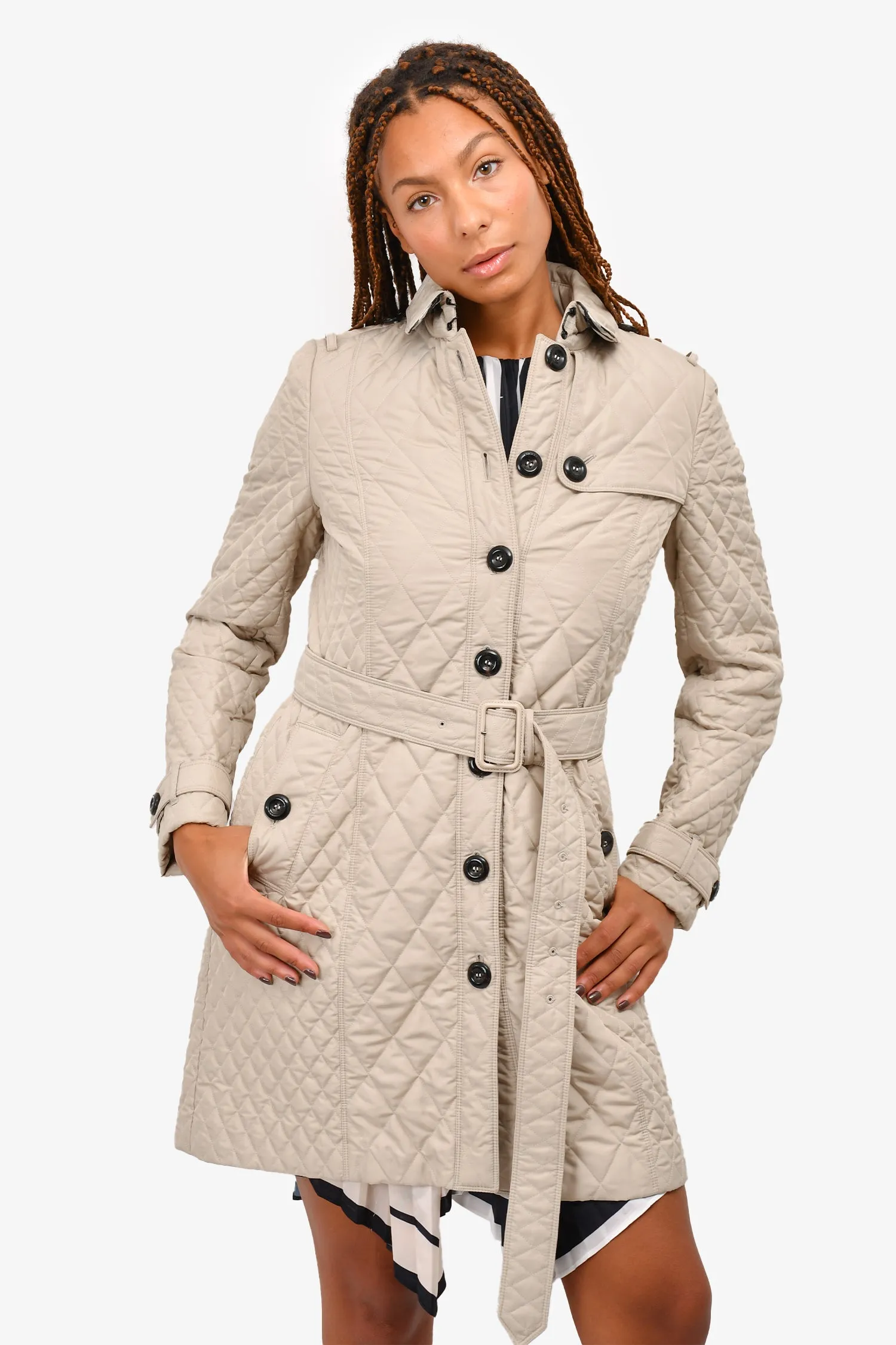 Burberry London Taupe Quilted Trench Coat with Belt Size 8 US