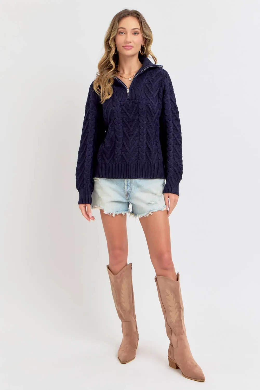 CABLE KNIT ZIPPER FRONT SWEATER: NAVY / Contemporary / S