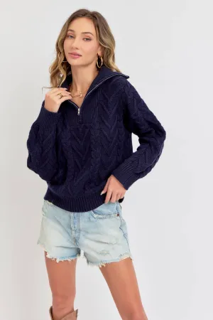 CABLE KNIT ZIPPER FRONT SWEATER: NAVY / Contemporary / S