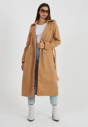 CAMEL FAUX WOOL DOUBLE BREASTED MAXI JACKET