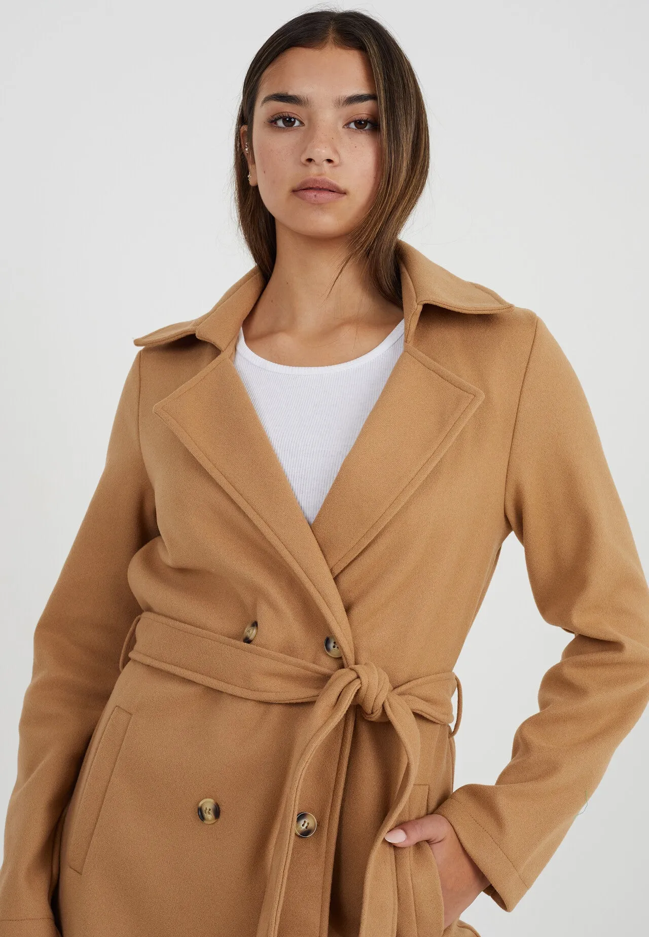 CAMEL FAUX WOOL DOUBLE BREASTED MAXI JACKET