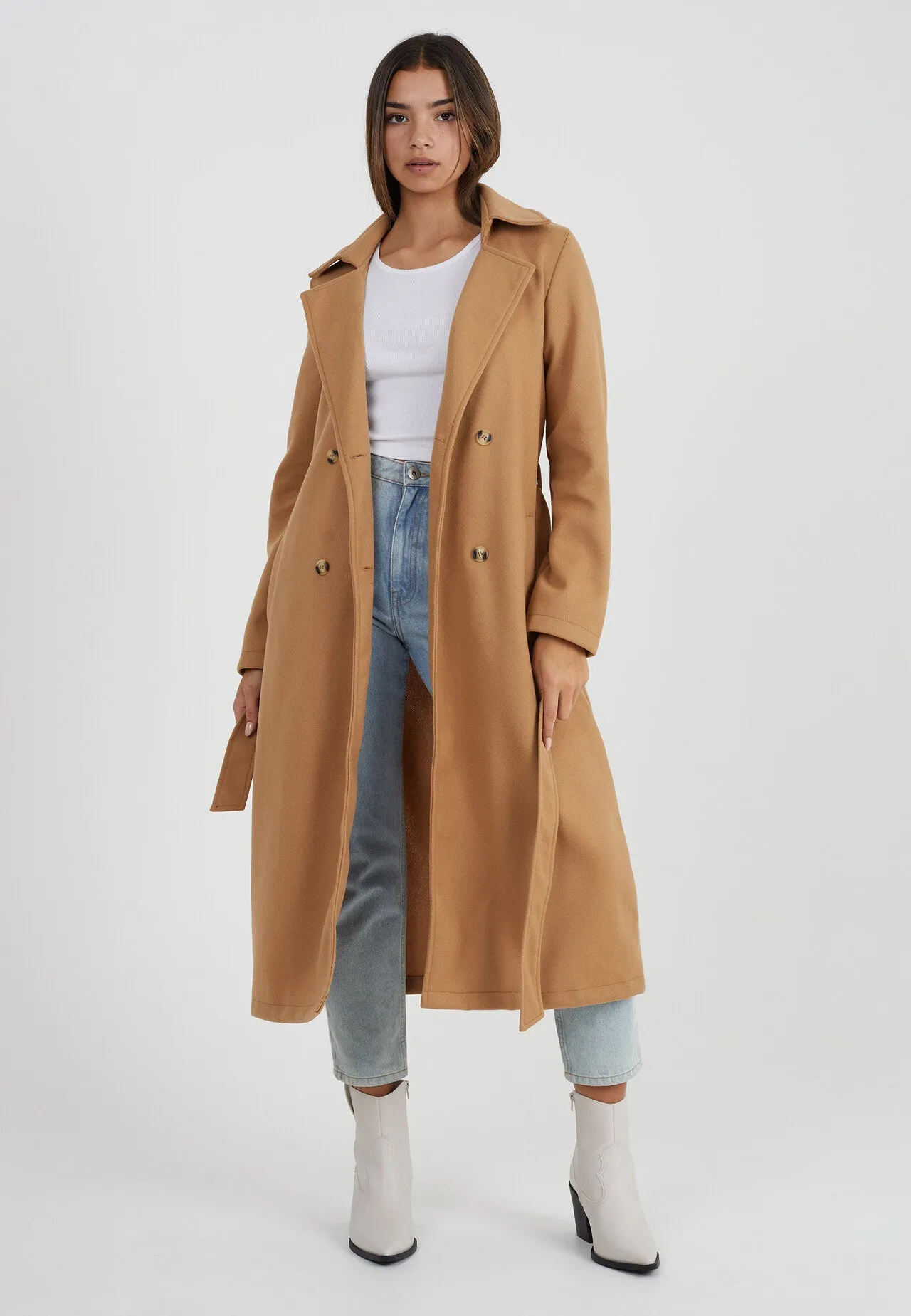 CAMEL FAUX WOOL DOUBLE BREASTED MAXI JACKET