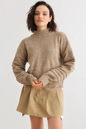 Camel Knit Mock Neck Lantern Sleeve Sweater /2-2-1