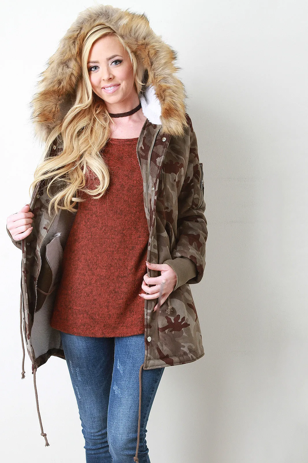 Camouflage Fur Trim Hooded Parka Jacket