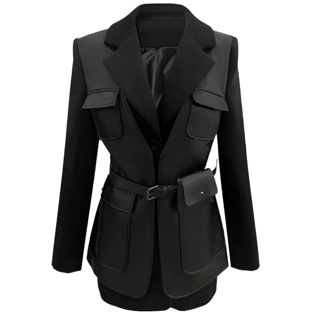 Cecia Faux Leather Patchwork Woolen Blazer Jacket