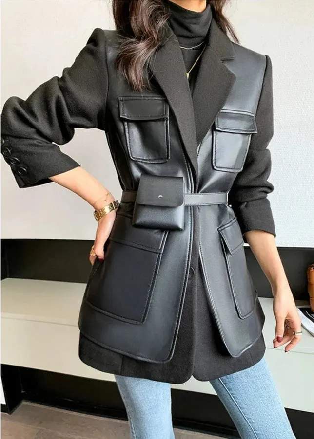 Cecia Faux Leather Patchwork Woolen Blazer Jacket