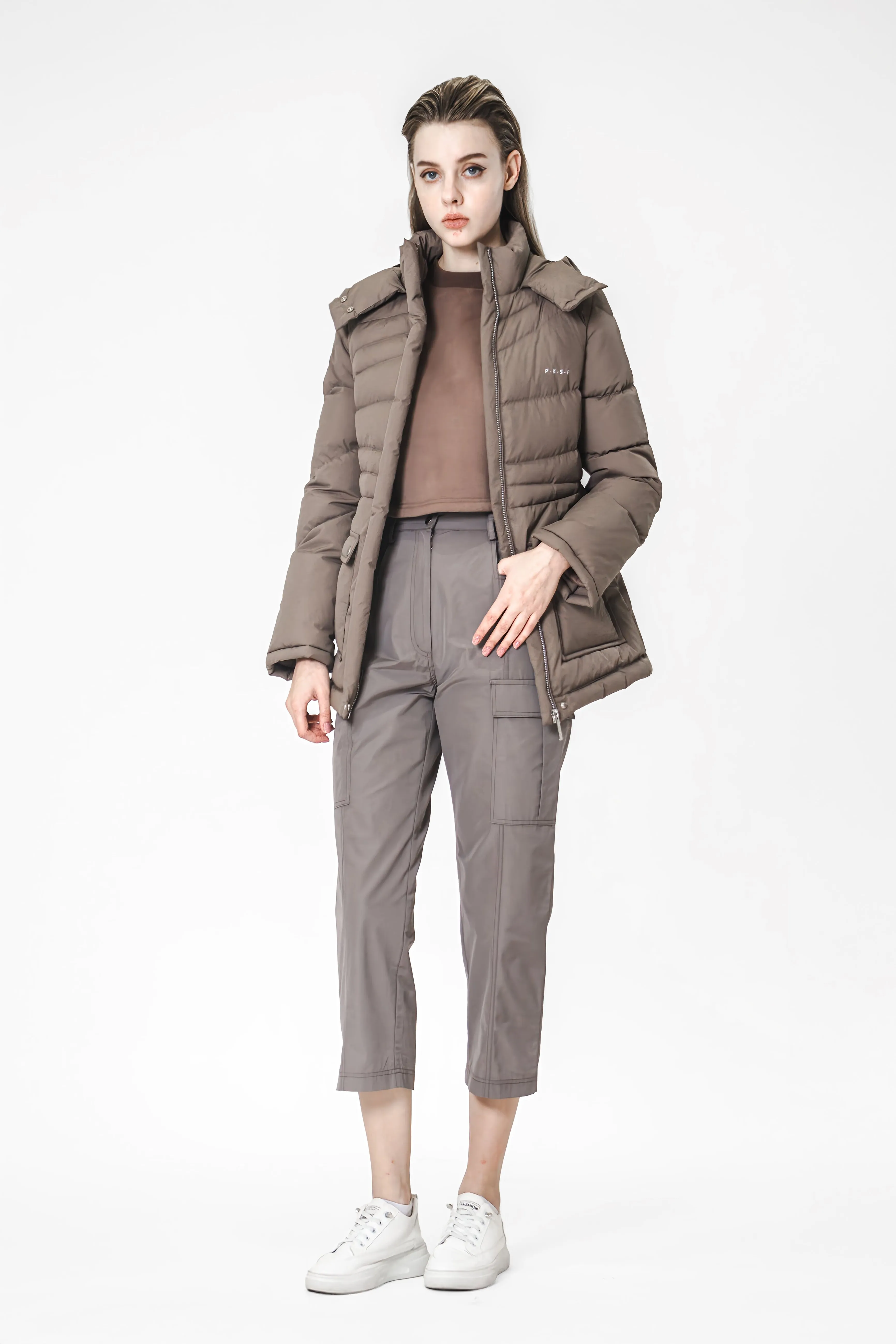 CHESTNUT BROWN/GRAY-BLUE WAVY QUILTED MID-LENGTH DOWN COAT