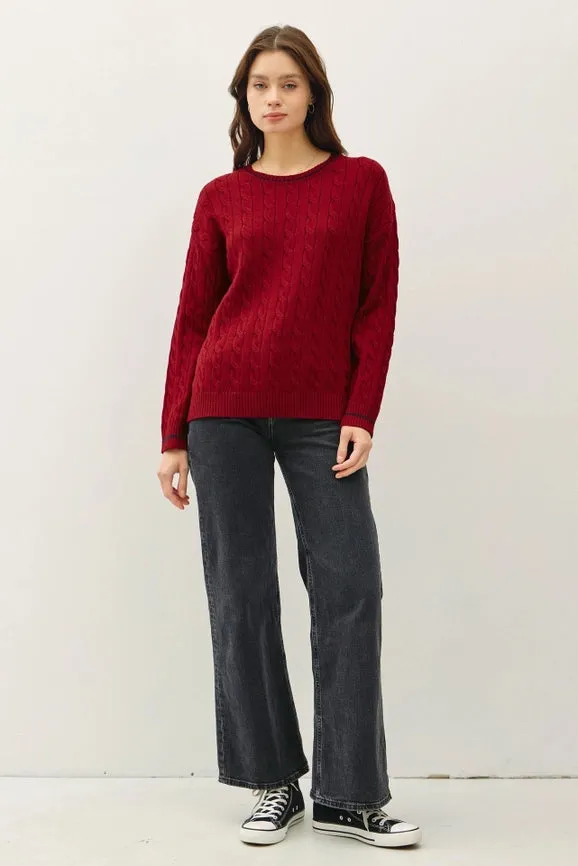 Chunky Cable Knit Pullover Sweater RED