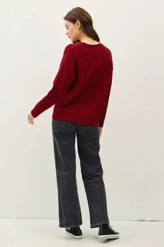 Chunky Cable Knit Pullover Sweater RED